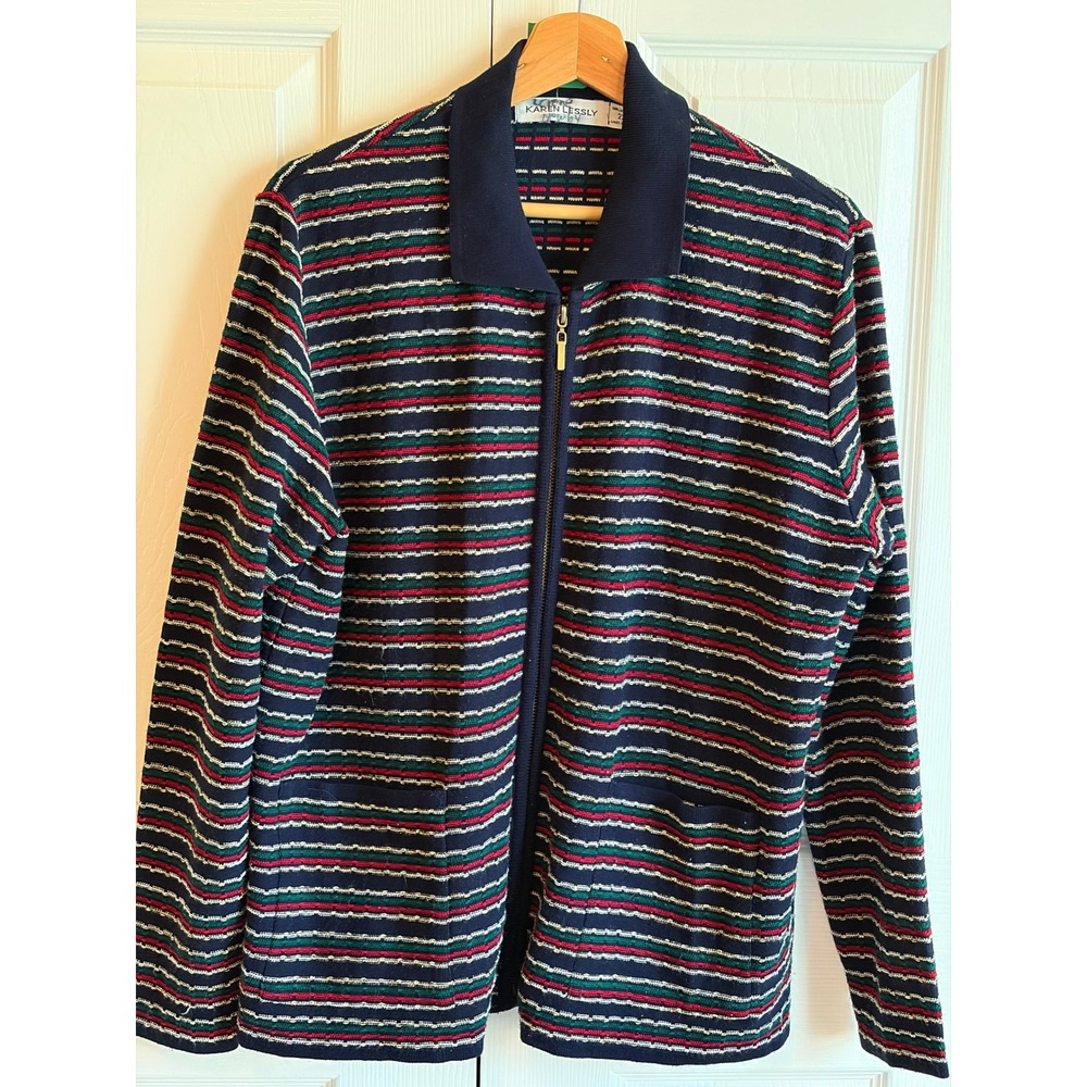 Karen Lessly Newby Vintage Zip Up Cardigan Sweater Navy Striped 2X Made in USA